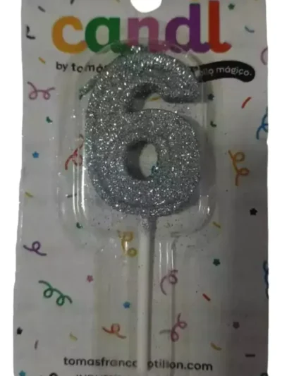 BLISTER VELA NUMERO PINCHE CON GIBRE PLATEADA N°6 X1 UNIDAD