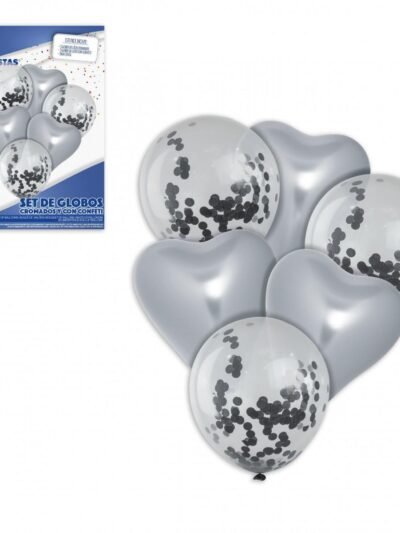 KIT SET GLOBO CORAZON NEGRO Y PLATEADO 18PCS x1 FP0645-04