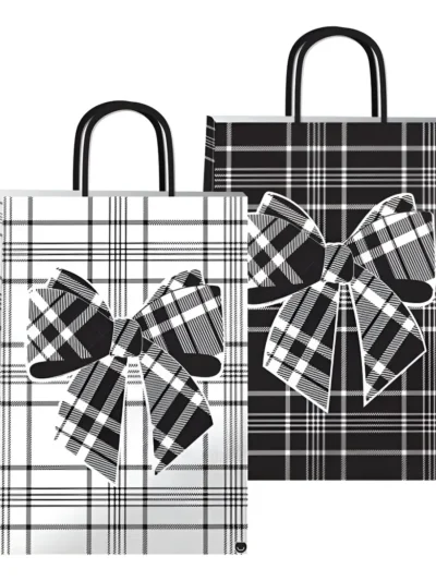 BOLSA DE PAPEL CON MANIJA PARA REGALOS MEDIANA MOÑO ESCOSES BLANCO Y NEGRO 22x30x10 u.(fanpack)