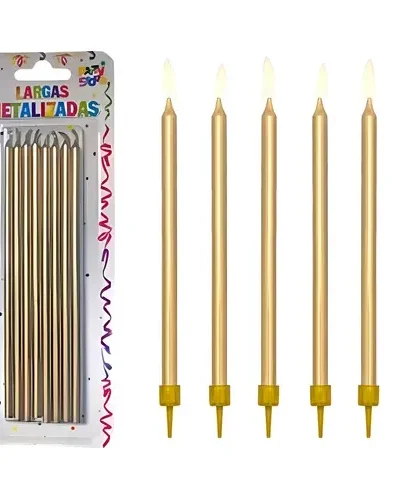 BLISTER VELA LARGA METALIZADA DORADA 16 cm x 8 PS VLMDO P.S
