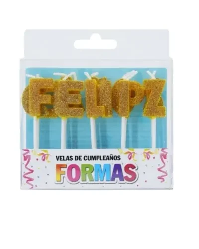 BLISTER VELA FRASE FELIZ CUMPLE CON BRILLO DORADA 7 cm x1 ART.VS054 P.S.