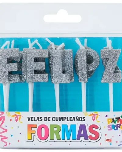BLISTER VELA FRASE FELIZ CUMPLE CON BRILLO PLATEADA 7 cm x1 ART.VS055 P.S.