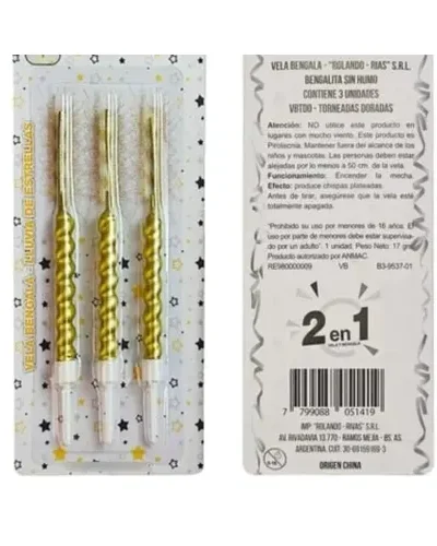 BLISTER VELA BENGALA TORNEADA ("2 EN 1") DORADA X 3 UNIDADES P.S.ART.VBTDO