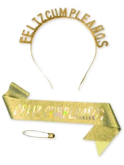 SET VINCHA Y BANDA FELIZ CUMPLEÑOS DORADA/PLATA/ROSA GOLD x1 YJ0801