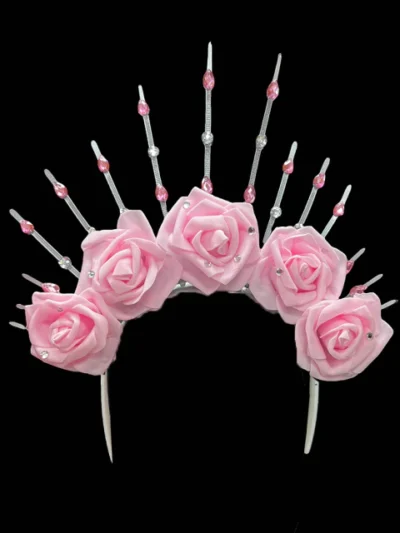 VINCHA 3 FLORES ROSA CON STRASS x1