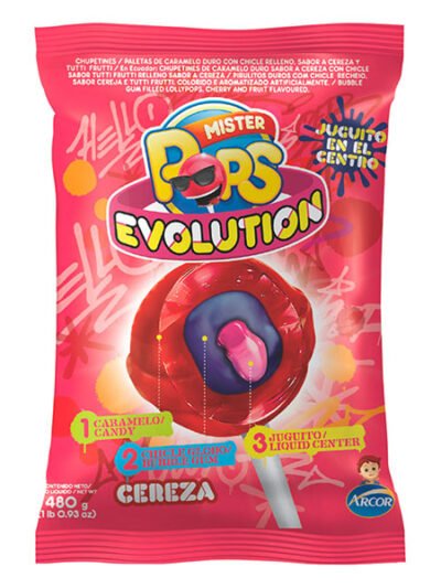 CHUPETIN EVOLUTION CEREZA CON CHICLE MISTER POPS x432g (24uni) 11803