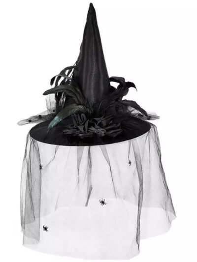 GORRO BRUJA NEGRO TULL FLORES Y PLUMAS x1 HA0237