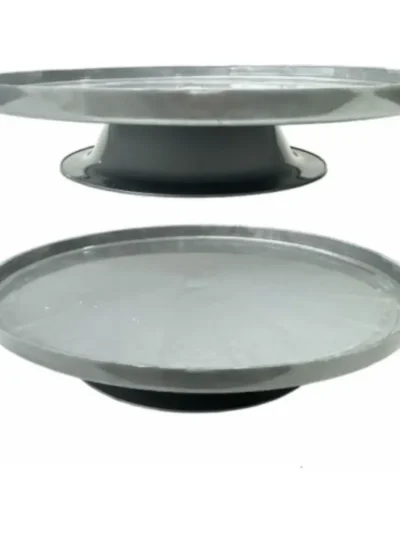 BANDEJA CON PIE REDONDA PLASTICA PLATA 26 cm x1