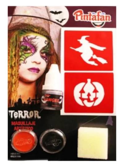 KIT MAQUILLAJE ARTISTICO HALLOWEEN TERROR BRUJA STENCIL/STRASS X1 COD.616.02